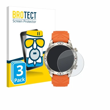 Face avant d’un emballage produit avec le logo de la marque BROTECT. À côté, l’appareil Bytelike Smartwatch 1.43