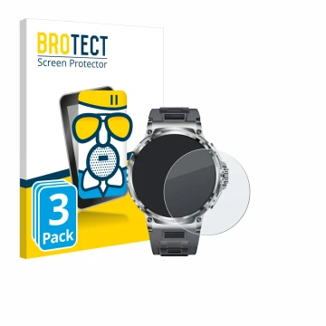 Face avant d’un emballage produit avec le logo de la marque BROTECT. À côté, l’appareil Smartwatch V69 1.85