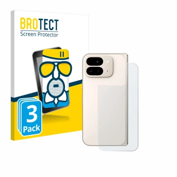 Face avant d’un emballage produit avec le logo de la marque BROTECT. À côté, l’appareil Google Pixel 9 Pro Fold (Arrière) est 