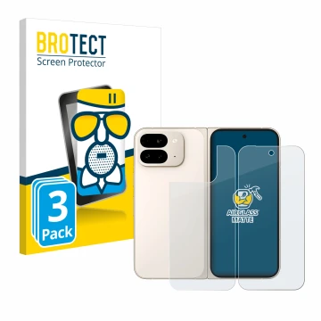 Face avant d’un emballage produit avec le logo de la marque BROTECT. À côté, l’appareil Google Pixel 9 Pro Fold (Avant+Arrière