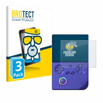 Face avant d’un emballage produit avec le logo de la marque BROTECT. À côté, l’appareil Anbernic RG40XXV est représenté avec l