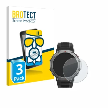 Face avant d’un emballage produit avec le logo de la marque BROTECT. À côté, l’appareil Huami Amazfit T-Rex 3 est représenté a