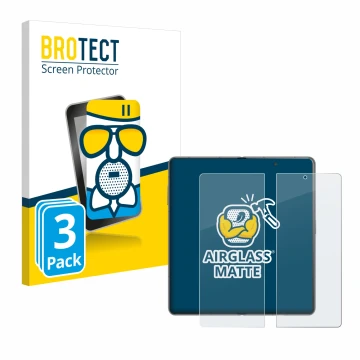 Face avant d’un emballage produit avec le logo de la marque BROTECT. À côté, l’appareil Honor Magic V3 (inneres Display) est r