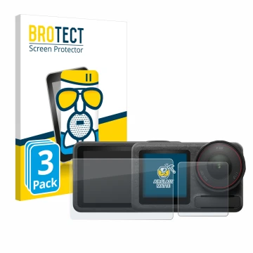 Face avant d’un emballage produit avec le logo de la marque BROTECT. À côté, l’appareil DJI Osmo Action 5 Pro est représenté a