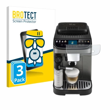 Face avant d’un emballage produit avec le logo de la marque BROTECT. À côté, l’appareil DeLonghi Magnifica Evo Next est représ