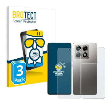 Face avant d’un emballage produit avec le logo de la marque BROTECT. À côté, l’appareil Xiaomi 14T (Avant+Arrière) est représe