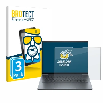 Face avant d’un emballage produit avec le logo de la marque BROTECT. À côté, l’appareil HP Dragonfly 13.5