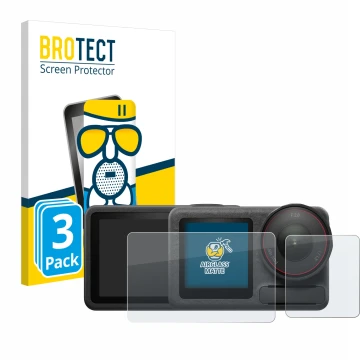 Face avant d’un emballage produit avec le logo de la marque BROTECT. À côté, l’appareil DJI Osmo Action 5 Pro (case-friendly) 