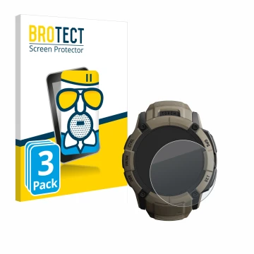 Face avant d’un emballage produit avec le logo de la marque BROTECT. À côté, l’appareil Garmin Instinct 2X Solar Tactical Edit