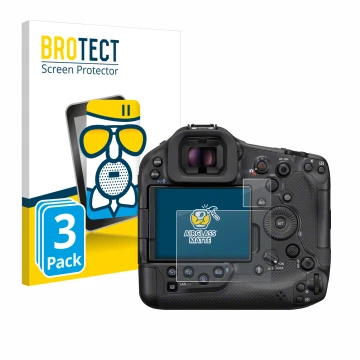 Face avant d’un emballage produit avec le logo de la marque BROTECT. À côté, l’appareil Canon EOS R1 est représenté avec la pr