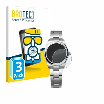 Face avant d’un emballage produit avec le logo de la marque BROTECT. À côté, l’appareil Rolex Oyster Perpetual 31 est représen
