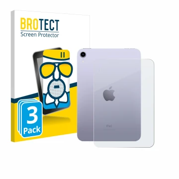 Face avant d’un emballage produit avec le logo de la marque BROTECT. À côté, l’appareil Apple iPad Mini 7 WiFi 2024 (Arrière) 