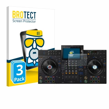 Face avant d’un emballage produit avec le logo de la marque BROTECT. À côté, l’appareil AlphaTheta XDJ-AZ est représenté avec 