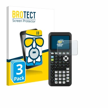 Face avant d’un emballage produit avec le logo de la marque BROTECT. À côté, l’appareil Texas Instruments TI-84 Plus CE-T Pyth
