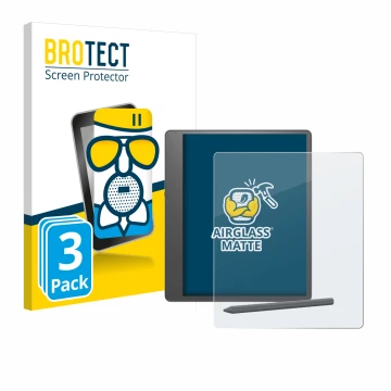 Face avant d’un emballage produit avec le logo de la marque BROTECT. À côté, l’appareil Amazon Kindle Scribe 2024 est représen