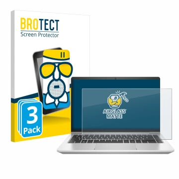 Face avant d’un emballage produit avec le logo de la marque BROTECT. À côté, l’appareil HP ProBook 445 G9 est représenté avec 