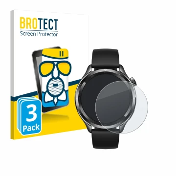 Face avant d’un emballage produit avec le logo de la marque BROTECT. À côté, l’appareil Xiaomi Watch S4 (47 mm) est représenté