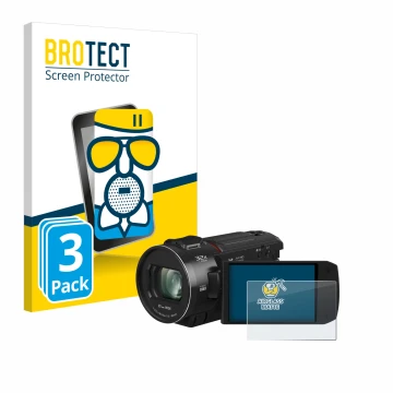 Face avant d’un emballage produit avec le logo de la marque BROTECT. À côté, l’appareil Panasonic HC-VX3 est représenté avec l