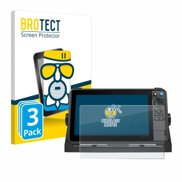Face avant d’un emballage produit avec le logo de la marque BROTECT. À côté, l’appareil Lowrance HDS-9 Pro est représenté avec