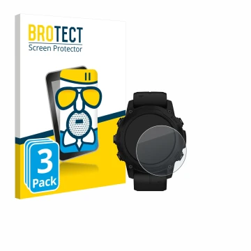 Face avant d’un emballage produit avec le logo de la marque BROTECT. À côté, l’appareil Garmin Descent G1 Solar est représenté