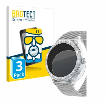Face avant d’un emballage produit avec le logo de la marque BROTECT. À côté, l’appareil Powerwill Smartwatch 1.27
