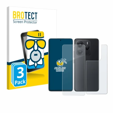 Face avant d’un emballage produit avec le logo de la marque BROTECT. À côté, l’appareil Xiaomi Redmi Note 14 (Avant+Arrière) e