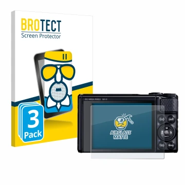 Face avant d’un emballage produit avec le logo de la marque BROTECT. À côté, l’appareil Canon PowerShot SX740 HS Lite est repr