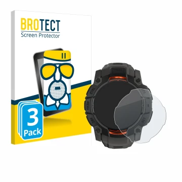 Face avant d’un emballage produit avec le logo de la marque BROTECT. À côté, l’appareil Garmin Instinct 3 Solar (50 mm) est re