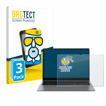 Face avant d’un emballage produit avec le logo de la marque BROTECT. À côté, l’appareil Samsung Galaxy Book5 Pro 16