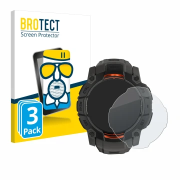 Face avant d’un emballage produit avec le logo de la marque BROTECT. À côté, l’appareil Garmin Instinct 3 Solar (45 mm) est re
