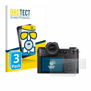 Face avant d’un emballage produit avec le logo de la marque BROTECT. À côté, l’appareil Leica SL3-S (Affichage + affichage des