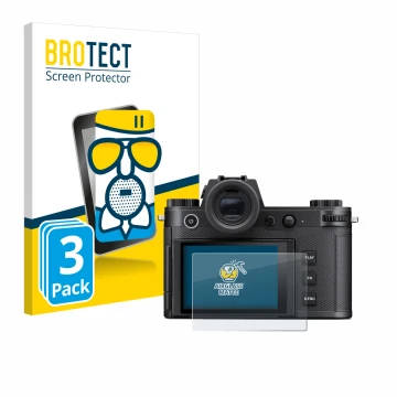 Face avant d’un emballage produit avec le logo de la marque BROTECT. À côté, l’appareil Leica SL3-S est représenté avec la pro