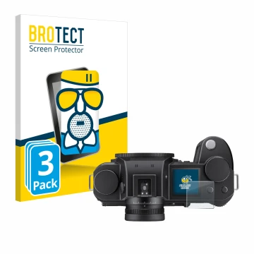 Face avant d’un emballage produit avec le logo de la marque BROTECT. À côté, l’appareil Leica SL3-S (affichage des épaules) es