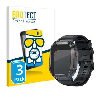 Face avant d’un emballage produit avec le logo de la marque BROTECT. À côté, l’appareil bedee Smartwatch 1.96