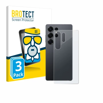 Face avant d’un emballage produit avec le logo de la marque BROTECT. À côté, l’appareil Samsung Galaxy S25 Ultra (Arrière) est