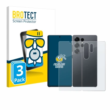 Face avant d’un emballage produit avec le logo de la marque BROTECT. À côté, l’appareil Samsung Galaxy S25 Ultra (Avant+Arrièr