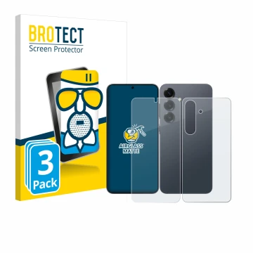 Face avant d’un emballage produit avec le logo de la marque BROTECT. À côté, l’appareil Samsung Galaxy S25 (Avant+Arrière) est