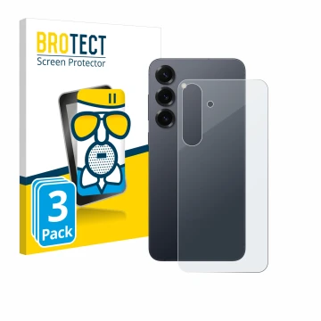 Face avant d’un emballage produit avec le logo de la marque BROTECT. À côté, l’appareil Samsung Galaxy S25 Plus (Arrière) est 