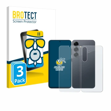 Face avant d’un emballage produit avec le logo de la marque BROTECT. À côté, l’appareil Samsung Galaxy S25 Plus (Avant+Arrière