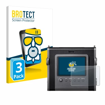 Face avant d’un emballage produit avec le logo de la marque BROTECT. À côté, l’appareil Fujifilm Instax Wide Evo est représent