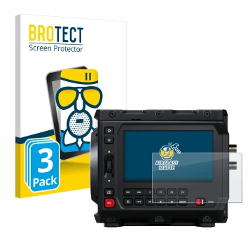 Face avant d’un emballage produit avec le logo de la marque BROTECT. À côté, l’appareil Blackmagic Design Pyxis 6K 4