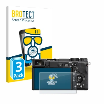 Face avant d’un emballage produit avec le logo de la marque BROTECT. À côté, l’appareil Sony Alpha 6100A est représenté avec l