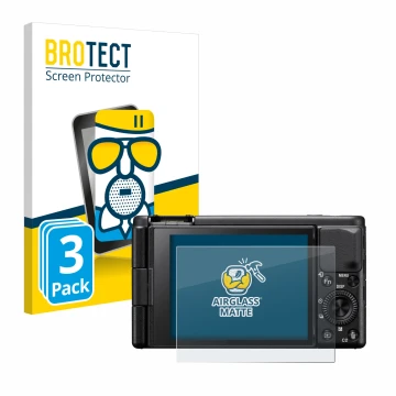 Face avant d’un emballage produit avec le logo de la marque BROTECT. À côté, l’appareil Sony ZV-1A est représenté avec la prot