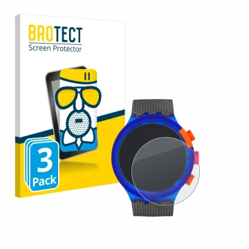Face avant d’un emballage produit avec le logo de la marque BROTECT. À côté, l’appareil Swatch Neon Party est représenté avec 