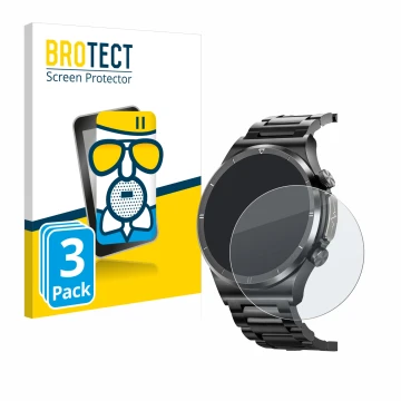 Face avant d’un emballage produit avec le logo de la marque BROTECT. À côté, l’appareil Banlvs Smartwatch 1.39