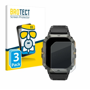 Face avant d’un emballage produit avec le logo de la marque BROTECT. À côté, l’appareil Banlvs Smartwatch 2.02