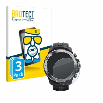 Face avant d’un emballage produit avec le logo de la marque BROTECT. À côté, l’appareil Xiaomi Mibro GS Explorer est représent