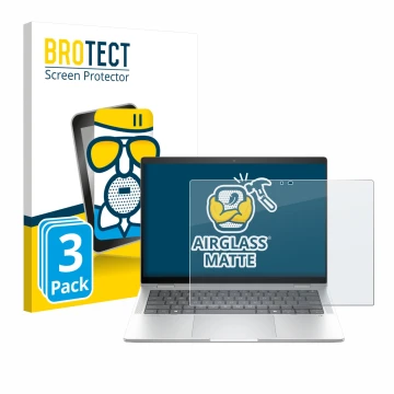 Face avant d’un emballage produit avec le logo de la marque BROTECT. À côté, l’appareil HP EliteBook X Flip G1i 14