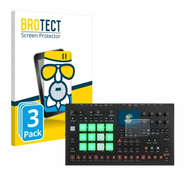 Face avant d’un emballage produit avec le logo de la marque BROTECT. À côté, l’appareil Elektron Analog Rytm MKII est représen