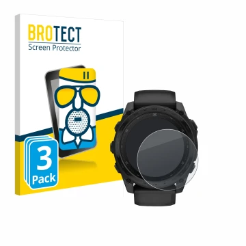 Face avant d’un emballage produit avec le logo de la marque BROTECT. À côté, l’appareil Garmin Tactix 8 AMOLED (51 mm) est rep